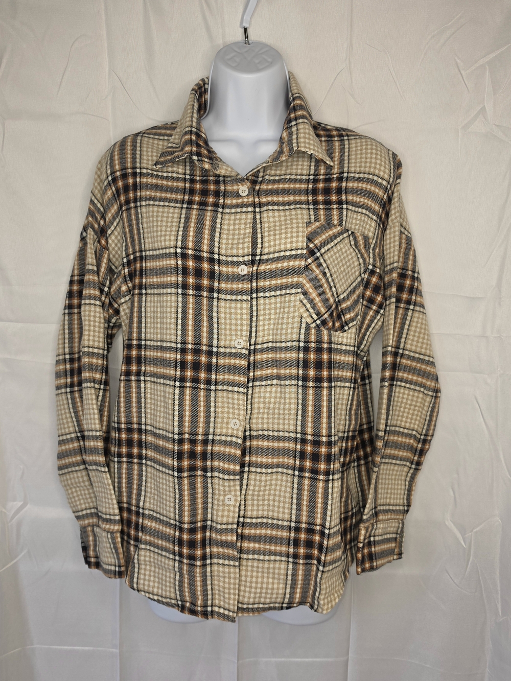 SHEIN Women's Beige and Brown Plaid Button-Down Shirt Size 4 Small 1573